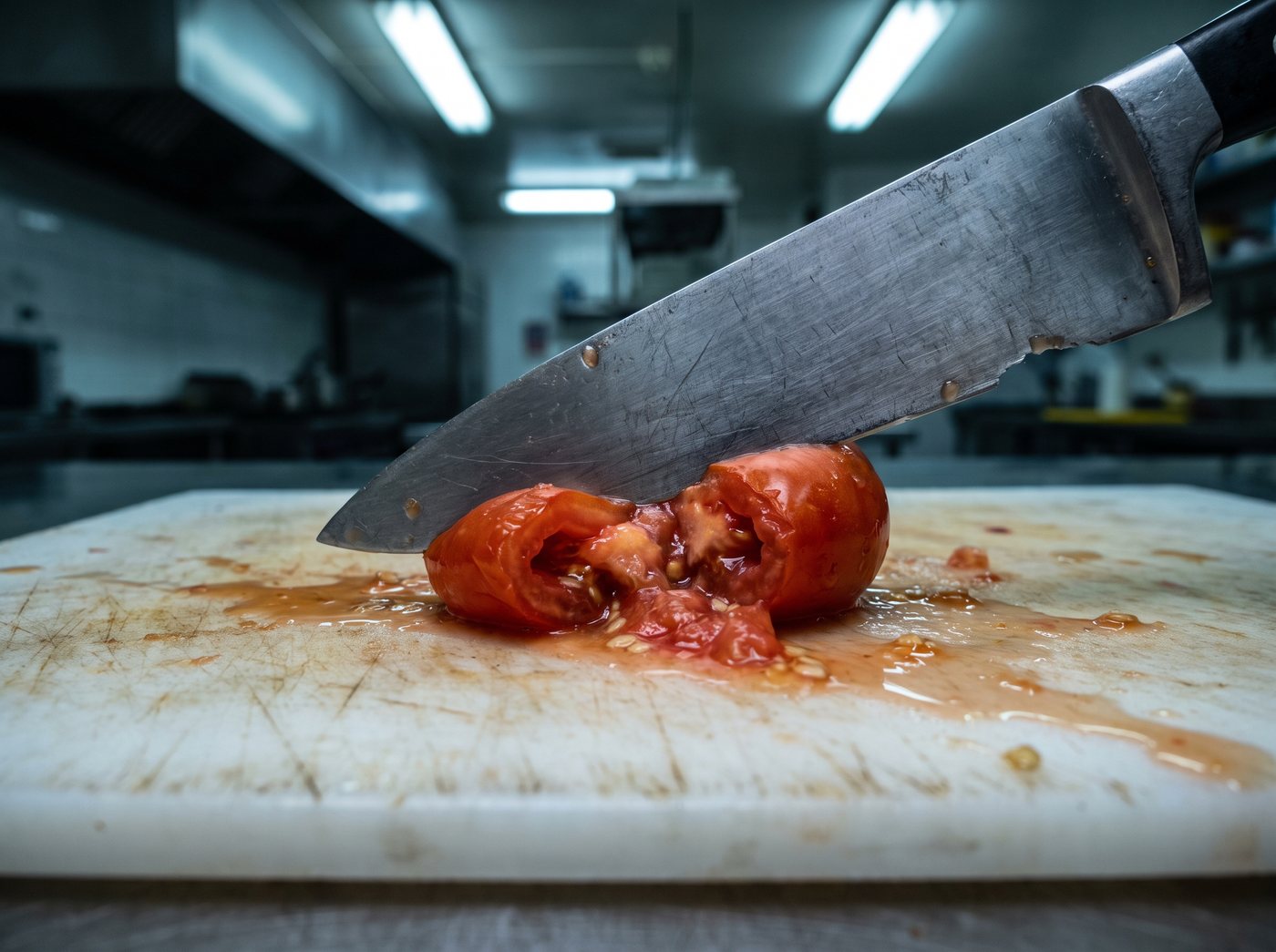 Dull knife crushing a tomato