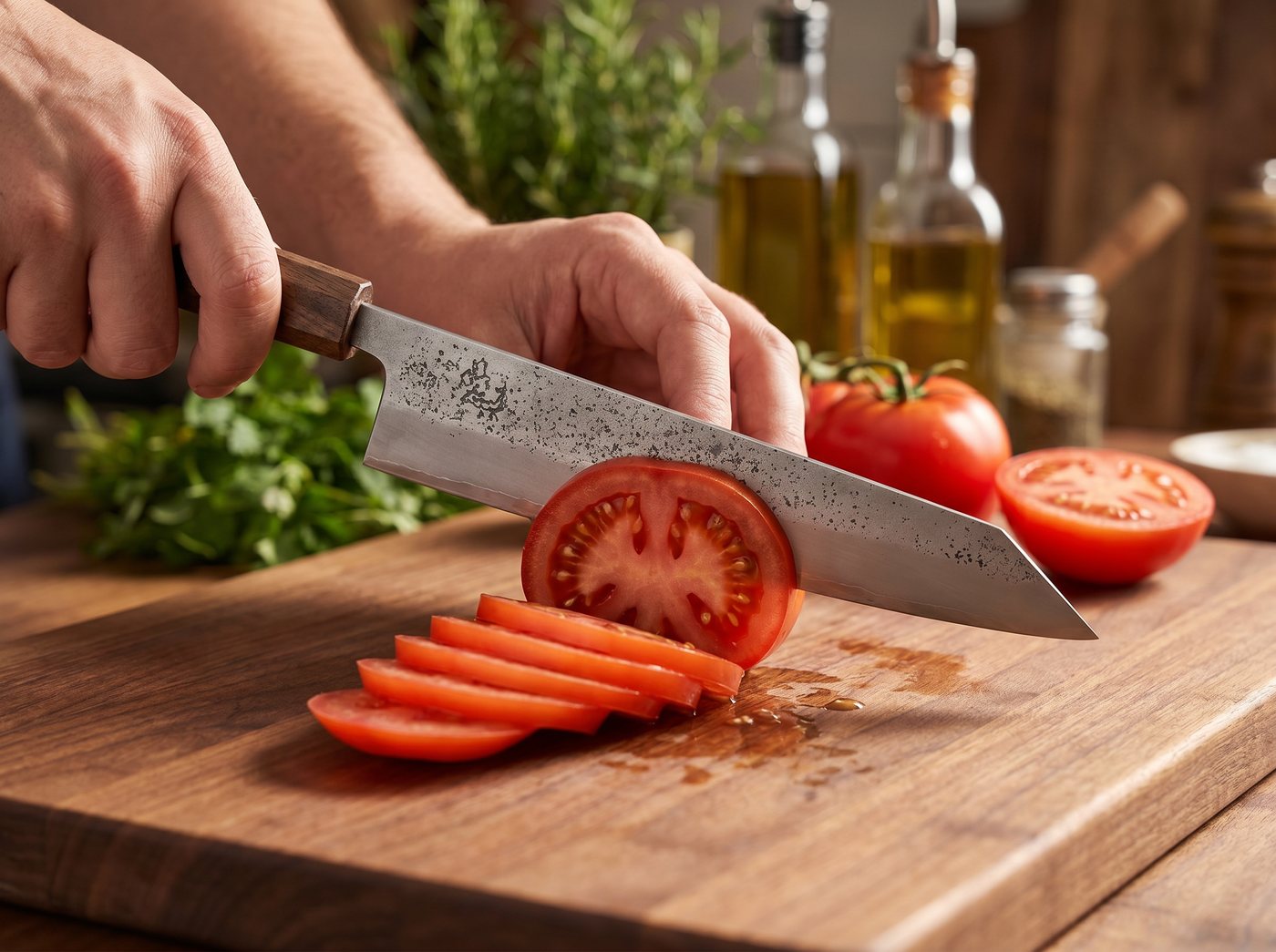 Osantoku knife slicing a tomato cleanly